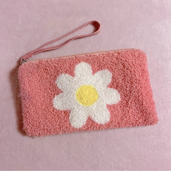 Handbags - Pink Fuzzy Large Daisy Wristlet Bag